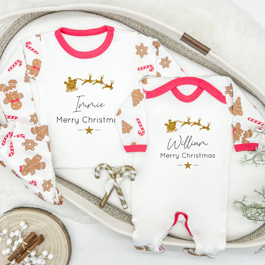 Personalised Gold Glitter Sleigh Christmas Sibling Matching Pyjamas or Baby Grow