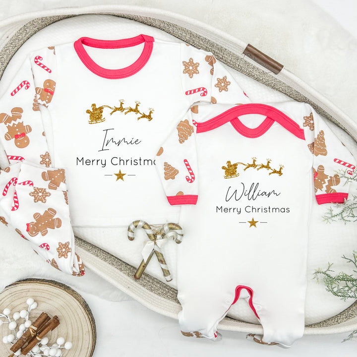 Personalised Gold Glitter Sleigh Christmas Sibling Matching Pyjamas or Baby Grow