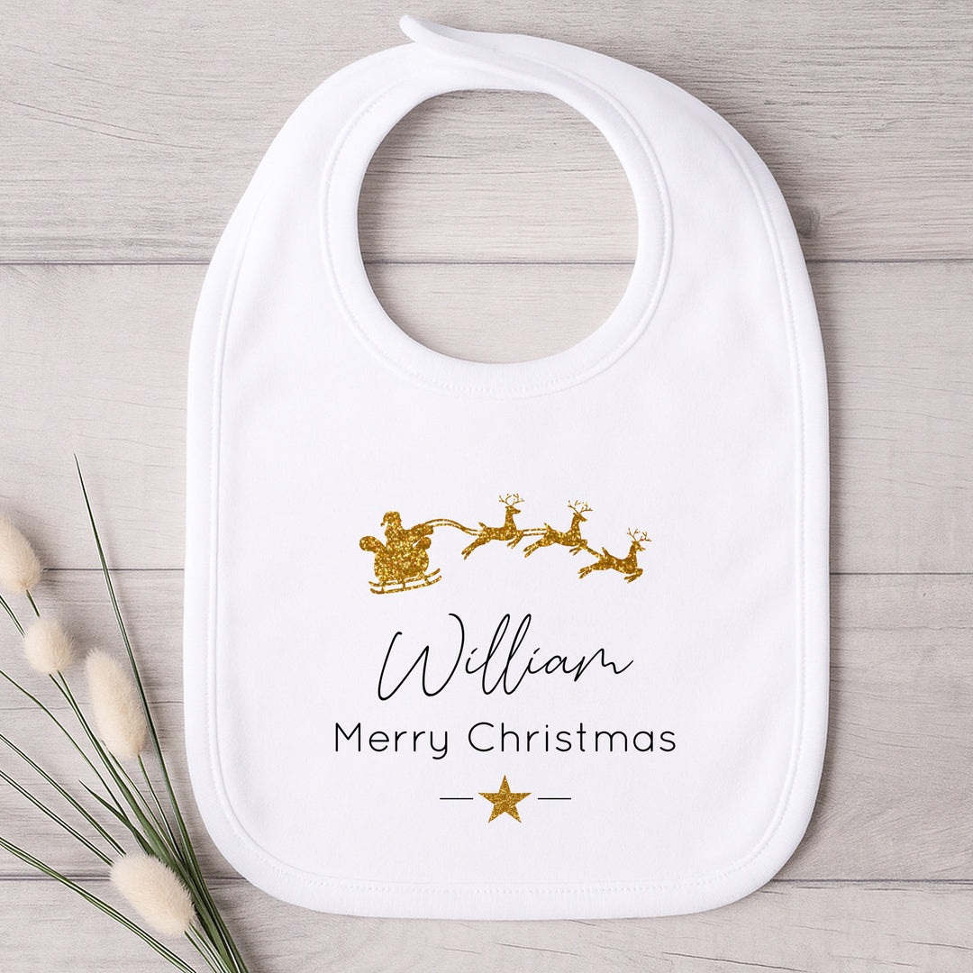 Personalised Gold Glitter Sleigh My First Christmas Baby Grow or Bib