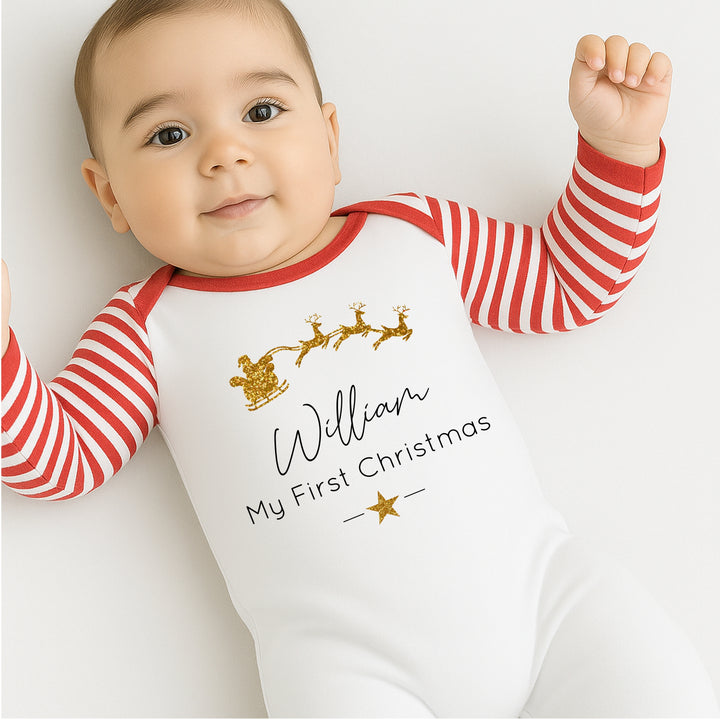 Personalised Gold Glitter Sleigh Baby Grow/Bib