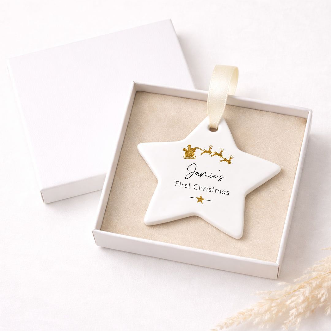 Personalised Gold Glitter Sleigh Star My First Christmas Bauble