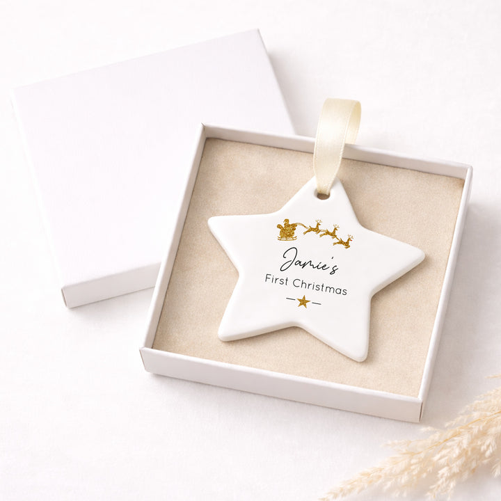 Personalised Gold Glitter Sleigh Star My First Christmas Bauble