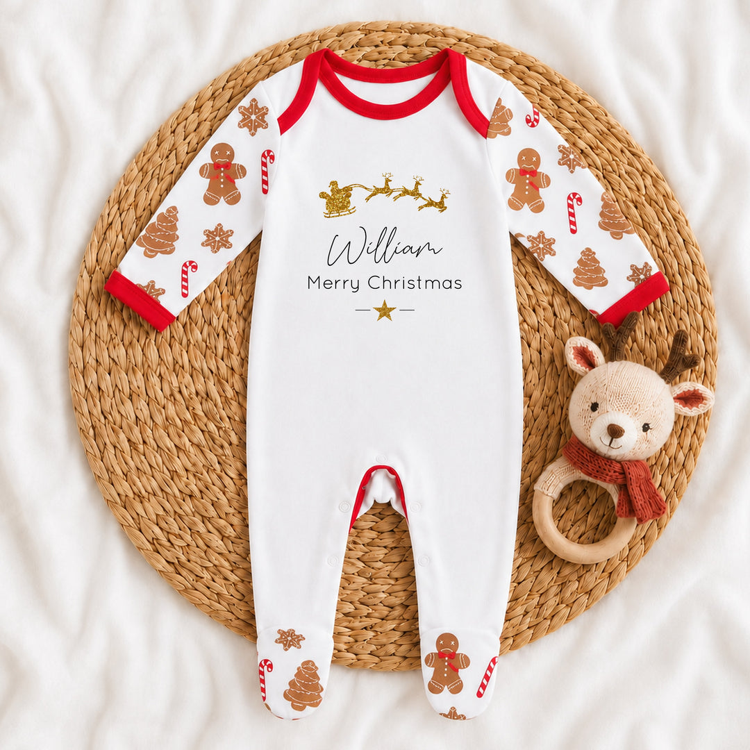 Personalised Gold Glitter Sleigh Christmas Sibling Matching Pyjamas or Baby Grow