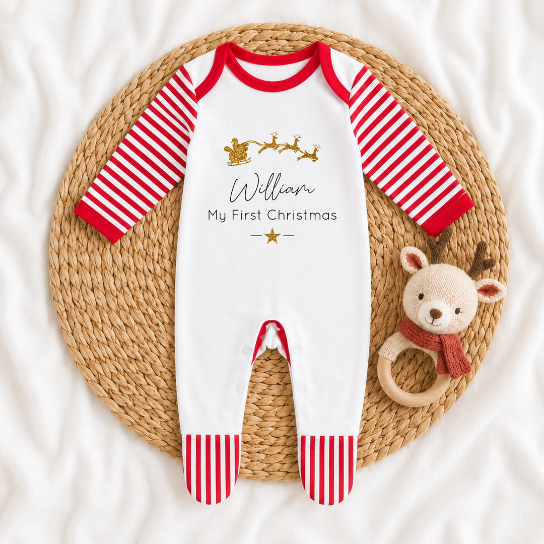 Personalised Gold Glitter Sleigh My First Christmas Red Stripe Baby Grow