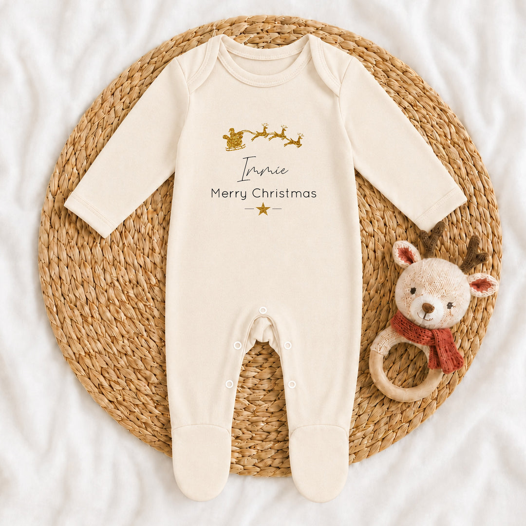 Personalised Gold Glitter Sleigh Christmas Sibling Matching Pyjamas or Baby Grow