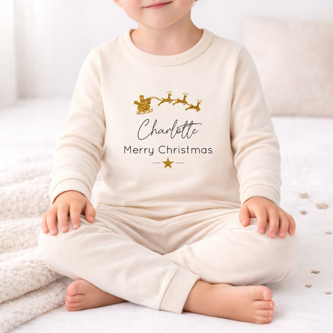Personalised Gold Glitter Sleigh Christmas Sibling Matching Pyjamas or Baby Grow