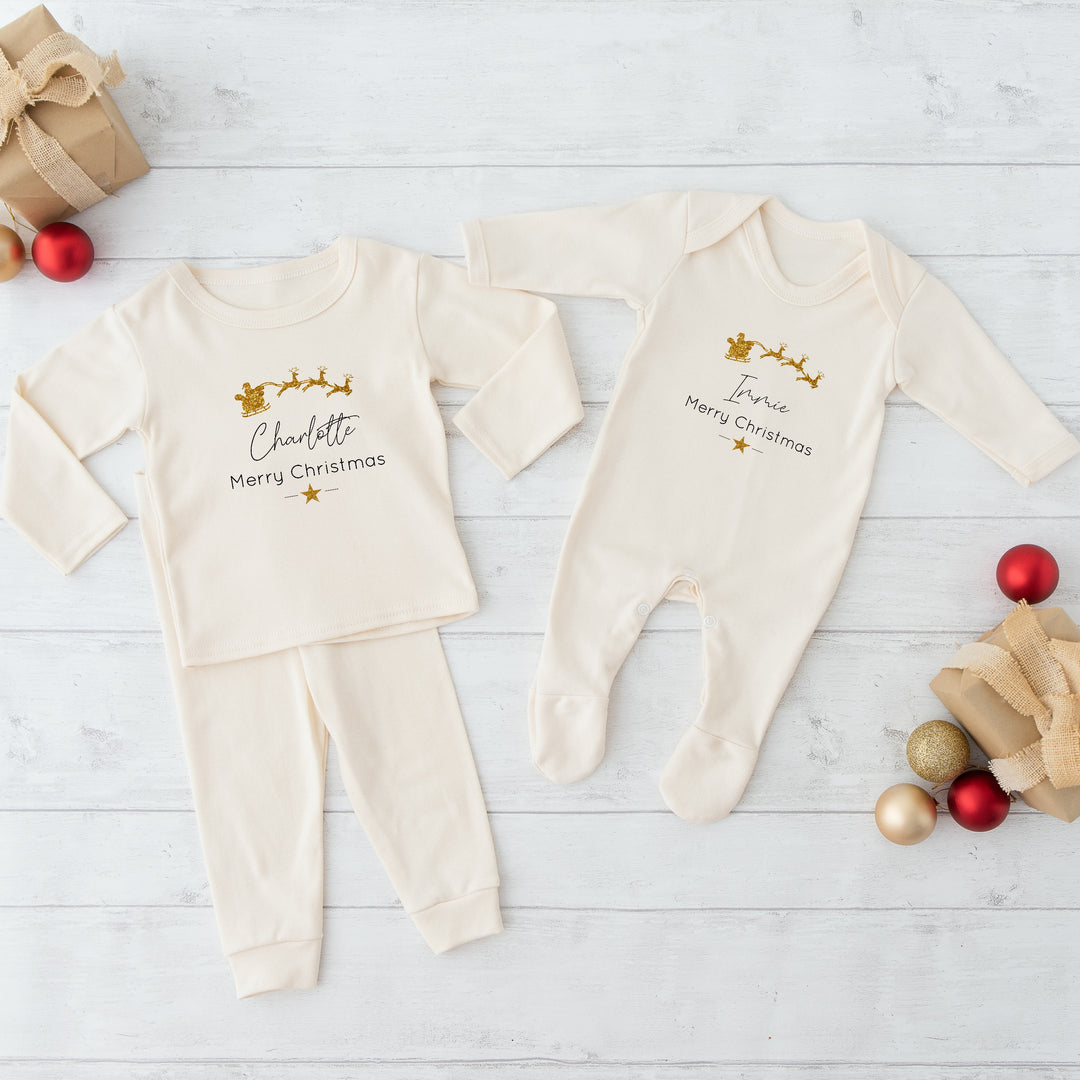 Personalised Gold Glitter Sleigh Christmas Sibling Matching Pyjamas or Baby Grow