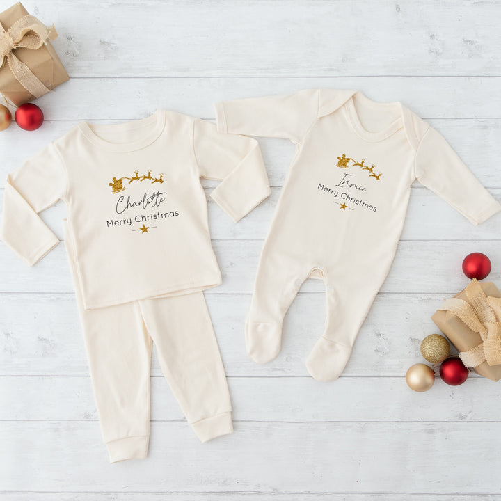 Personalised Gold Glitter Sleigh Christmas Sibling Matching Pyjamas or Baby Grow