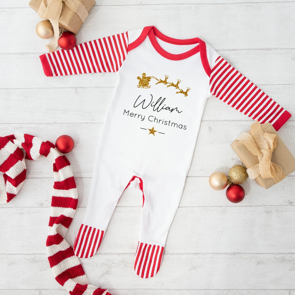 Personalised Gold Glitter Sleigh Sibling Matching Gingerbread Pyjamas/Babygrow