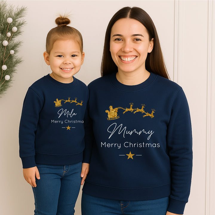 Personalised Gold Glitter Santa Sleigh Matching Sweatshirts