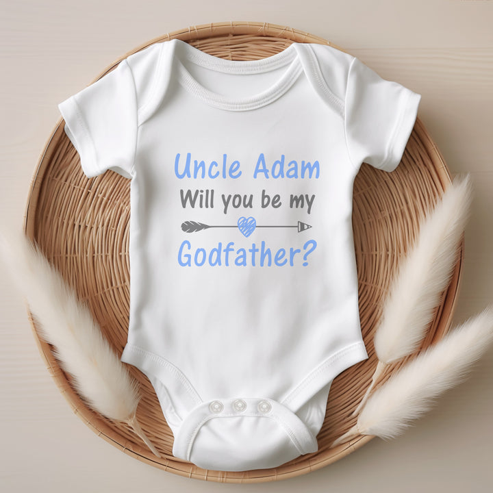 Baby announcement vests that says: Uncle Adam Will you be my Godfather?