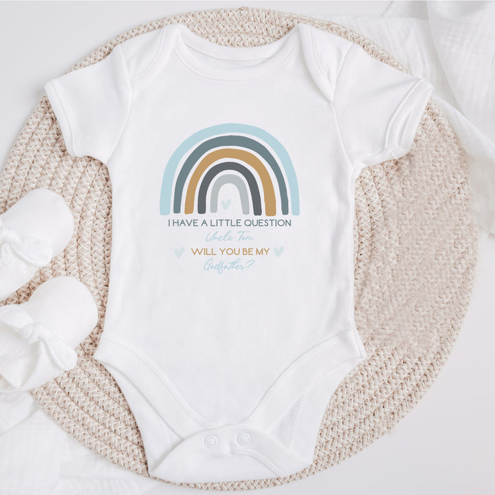 Baby announcement vests that says: I have a little question Uncle Tom will you be my Godfather