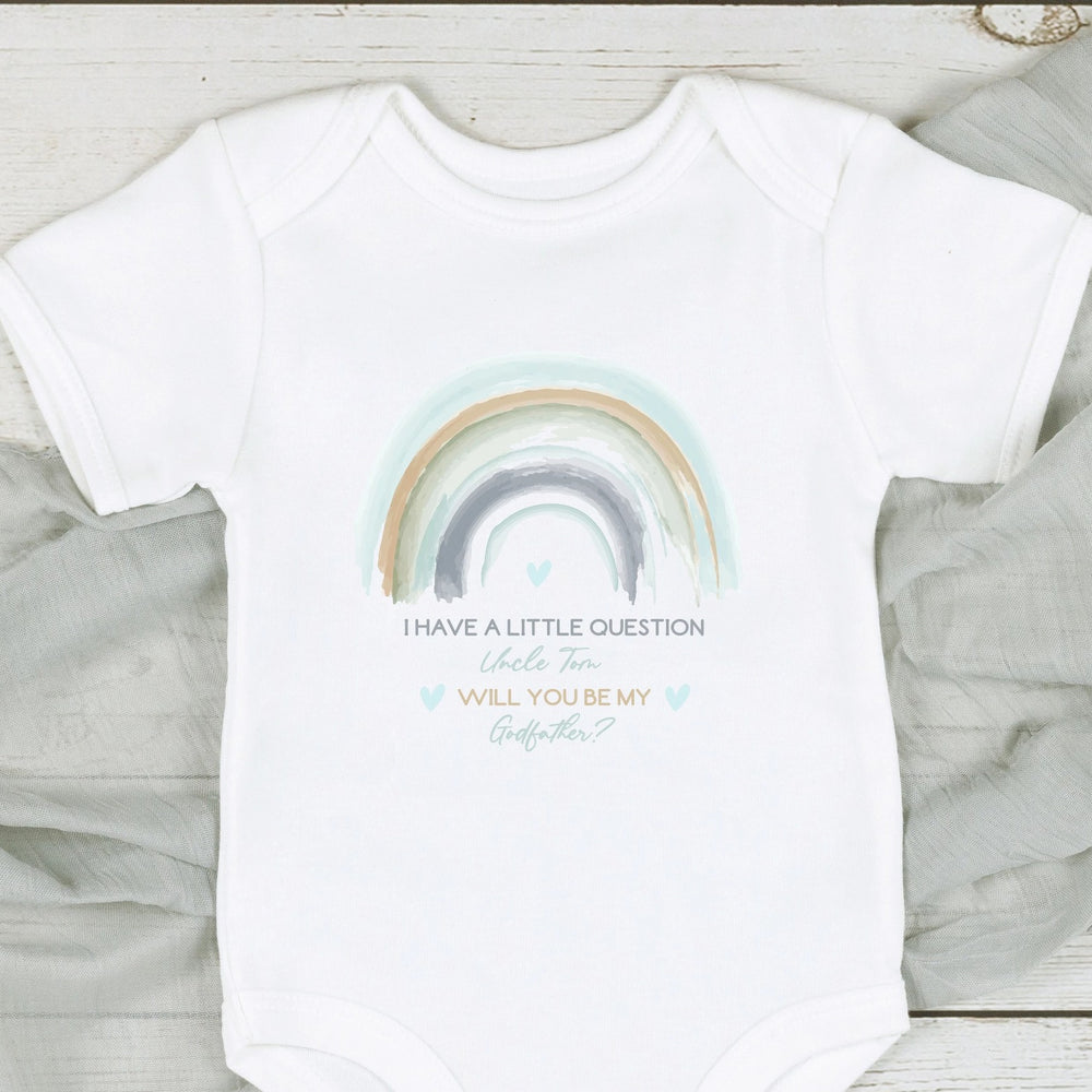 Baby announcement vests that says: I have a little question Uncle Tom will you be my godfather?