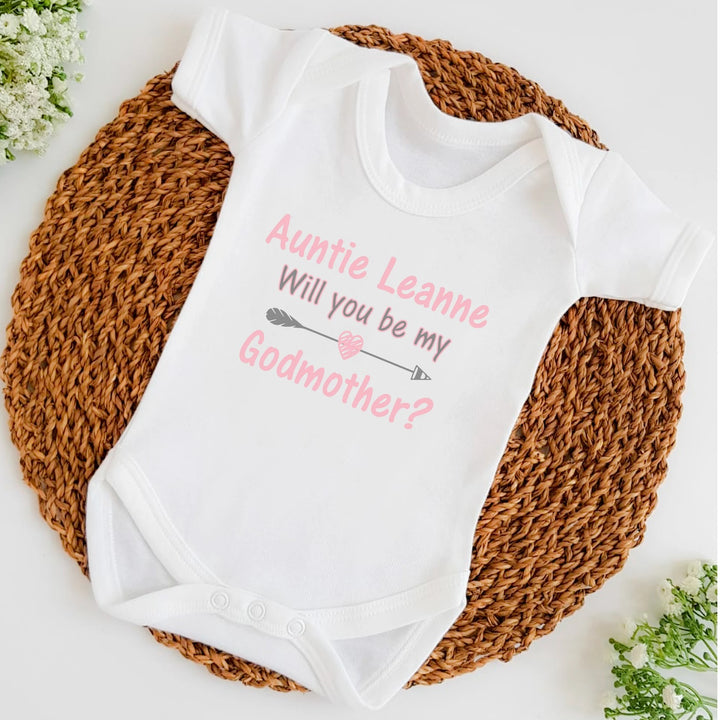 Baby announcement vests that says: Auntie Leanne Will you be my Godmother