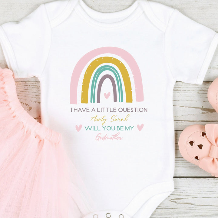 Baby announcement vests that says: I have a little question Aunty Sarah will you be my Godmother?