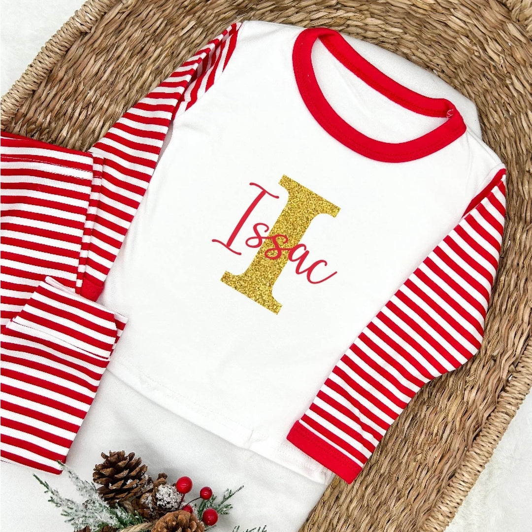 Children's Personalised Gold Initial Red Name Christmas Pyjamas