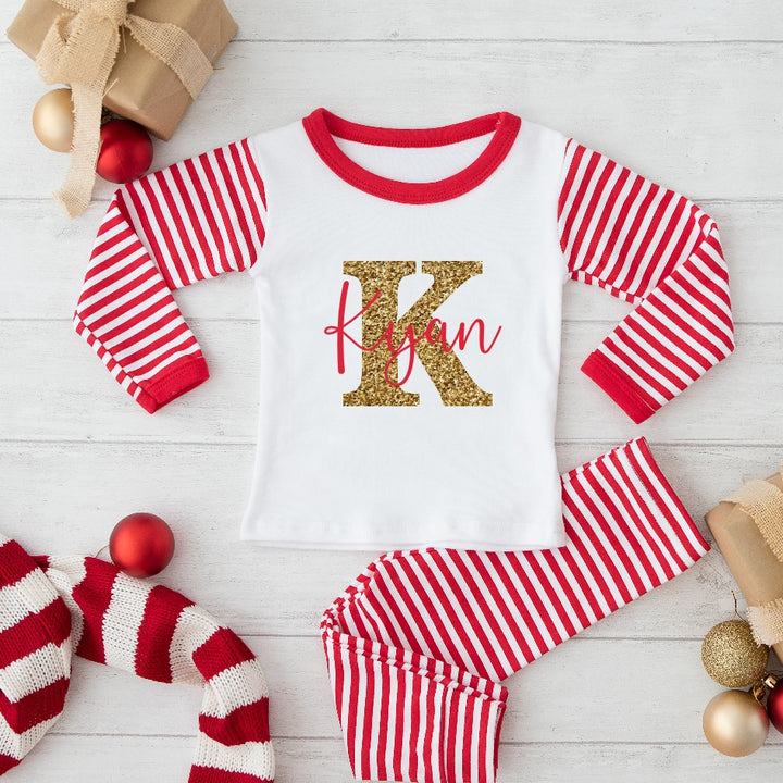 Children's Personalised Gold Initial Red Name Christmas Pyjamas