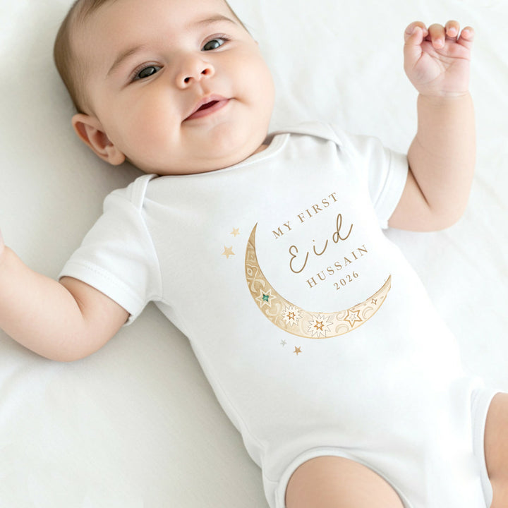 Personalised Gold Moon My First Eid Baby Grow, Vest or Bib
