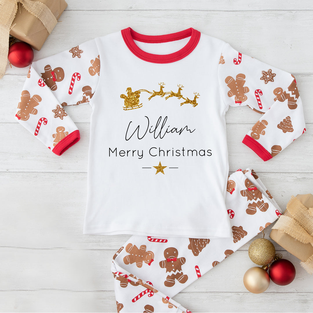 Personalised Gold Glitter Sleigh Christmas Pyjamas