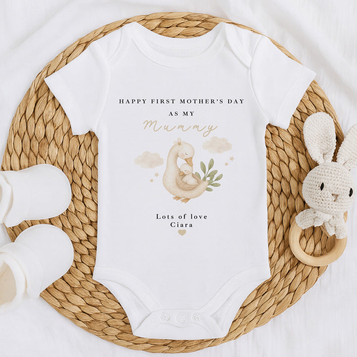 Personalised Goose Happy First Mother's Day Baby Grow, Vest or Bib