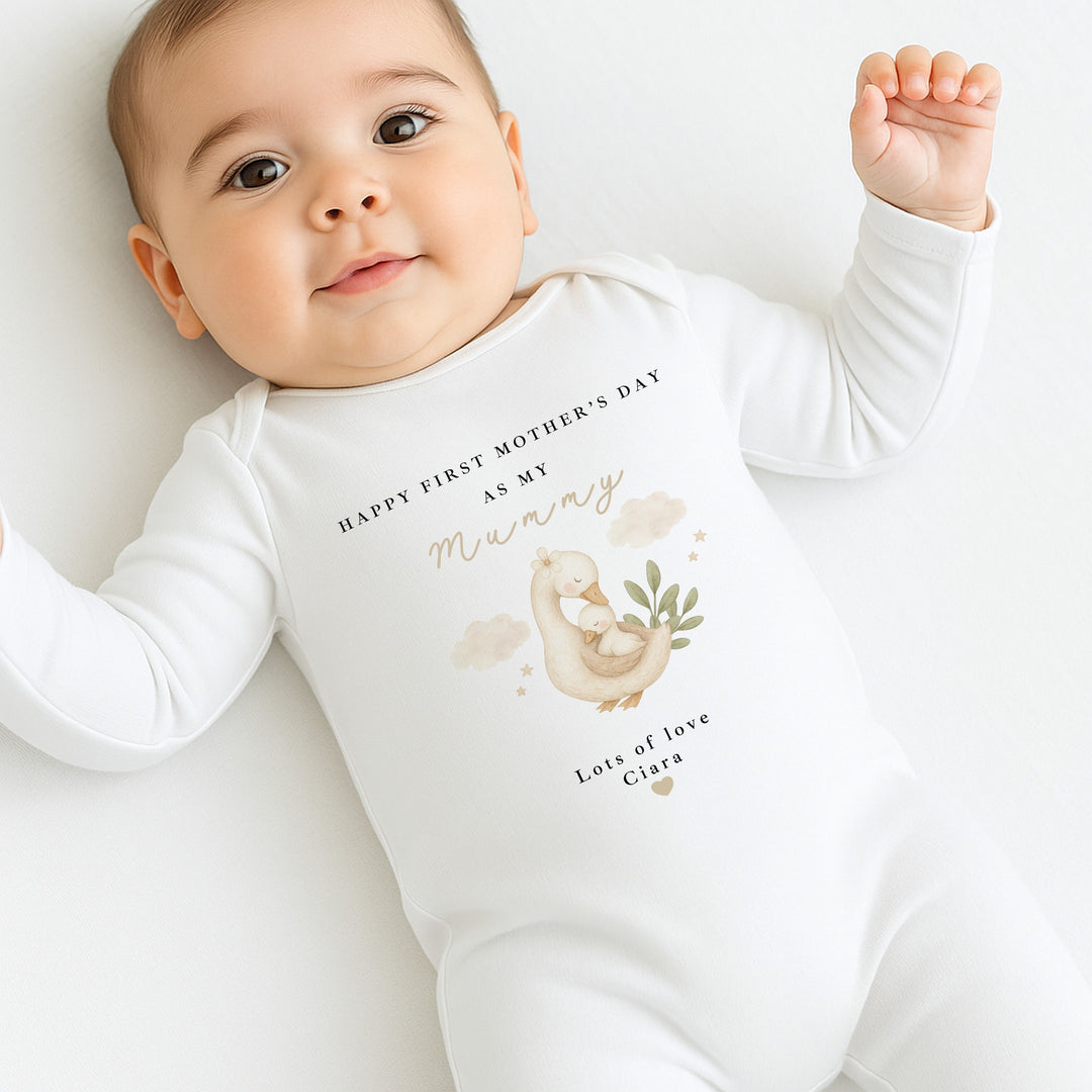 Personalised Goose Happy First Mother's Day Baby Grow, Vest or Bib
