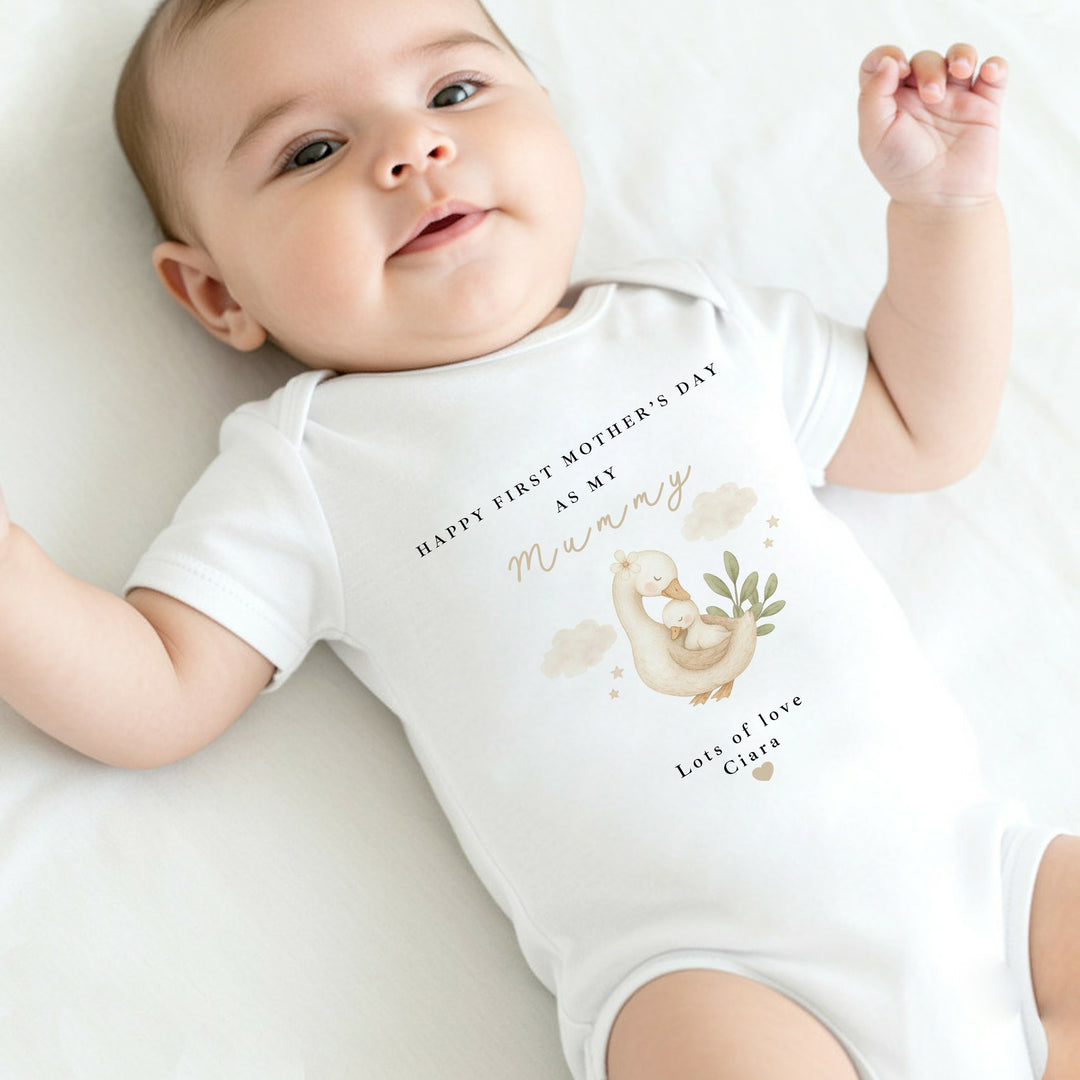 Personalised Goose Happy First Mother's Day Baby Grow, Vest or Bib