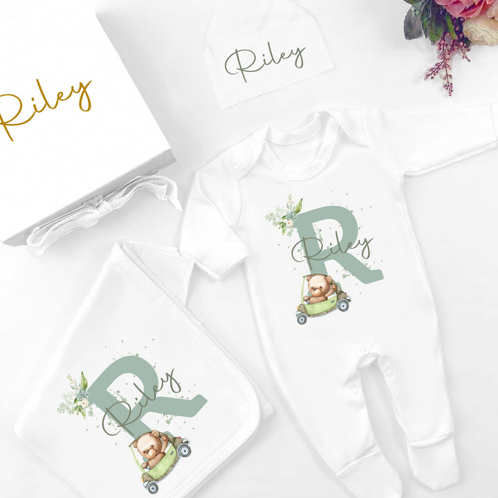 Personalised Little Bear Green Initial Hamper Clothing Gift Set