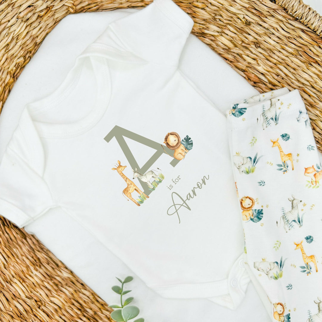 Personalised Green Jungle Initial Baby Vest