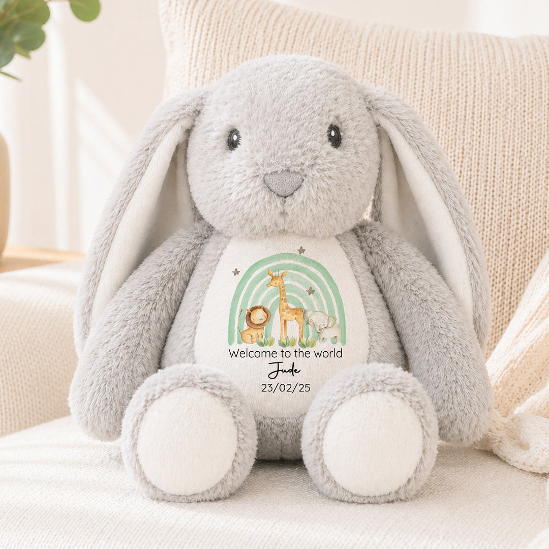 Personalised Welcome to the World Green Jungle Rainbow Rabbit