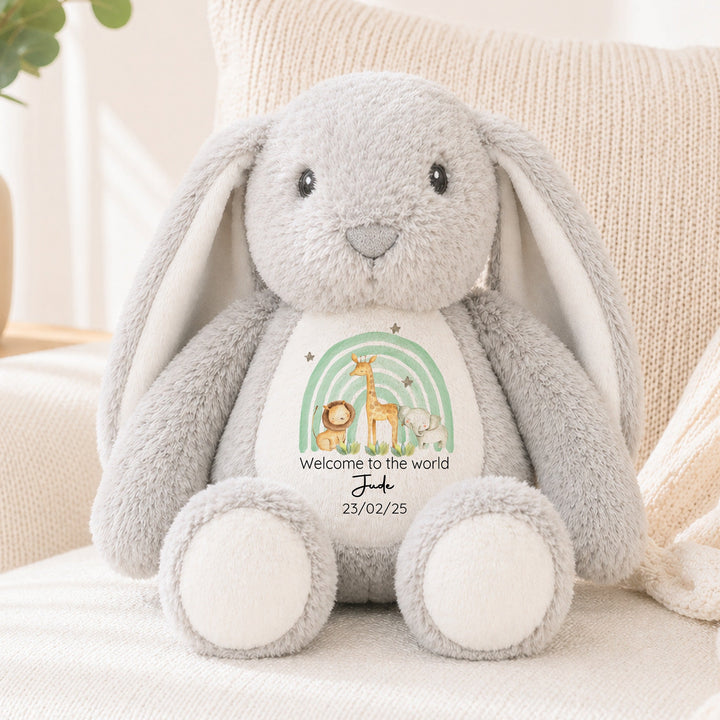 Personalised Welcome to the World Green Jungle Rainbow Rabbit