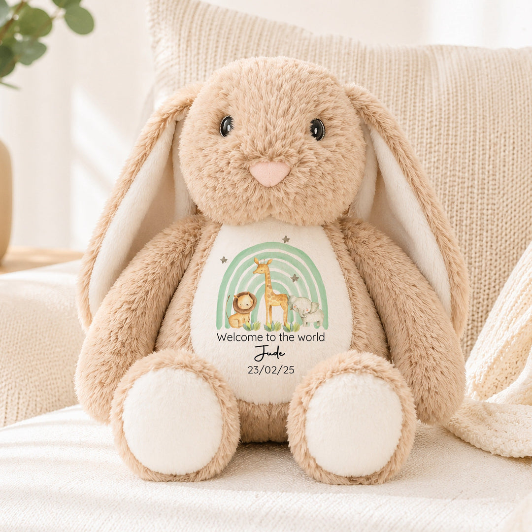 Personalised Welcome to the World Green Jungle Rainbow Rabbit