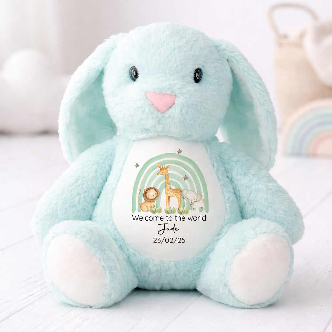 Personalised Welcome to the World Green Jungle Rainbow Rabbit