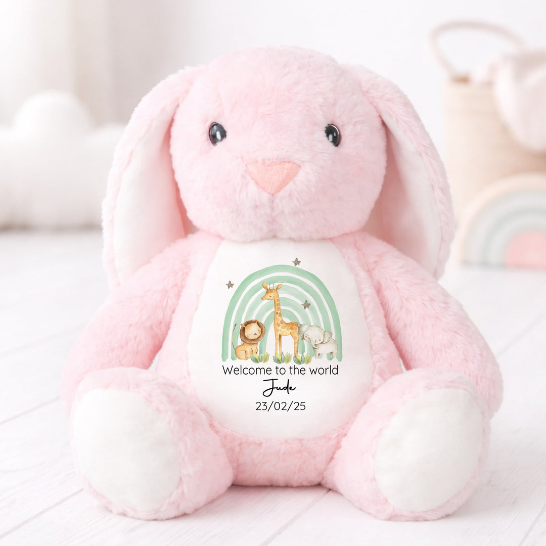 Personalised Welcome to the World Green Jungle Rainbow Rabbit