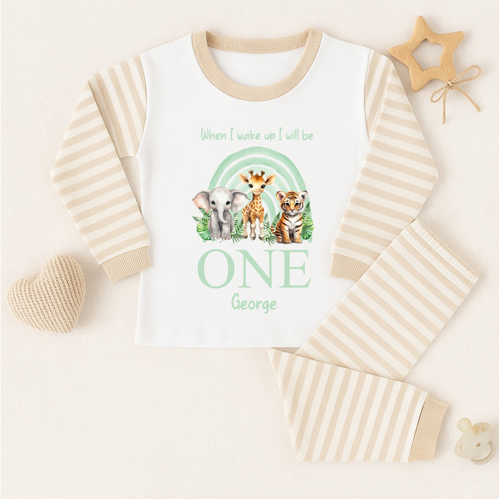 Personalised Sage Green Jungle Rainbow Beige Birthday Pyjamas
