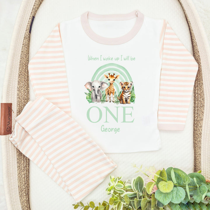 Personalised Sage Green Jungle Rainbow Beige Birthday Pyjamas