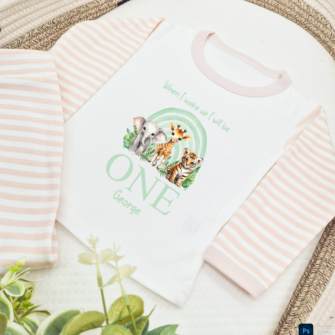 Personalised Sage Green Jungle Rainbow Beige Birthday Pyjamas