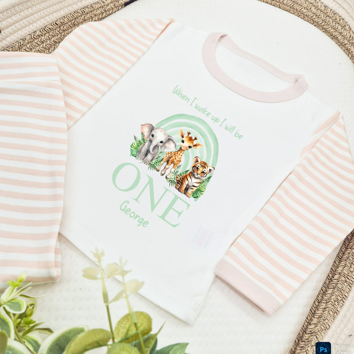 Personalised Sage Green Jungle Rainbow Beige Birthday Pyjamas