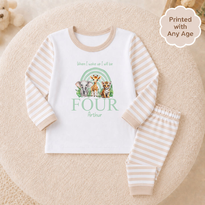 Personalised Sage Green Jungle Rainbow Any Age Birthday Pyjamas