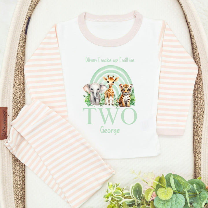 Personalised Sage Green Jungle Rainbow Second Birthday Pyjamas