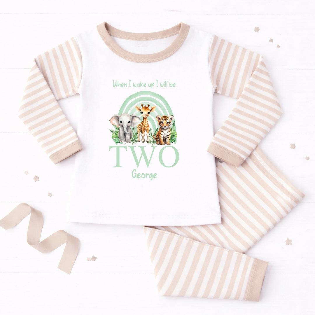 Personalised Sage Green Jungle Rainbow Second Birthday Pyjamas