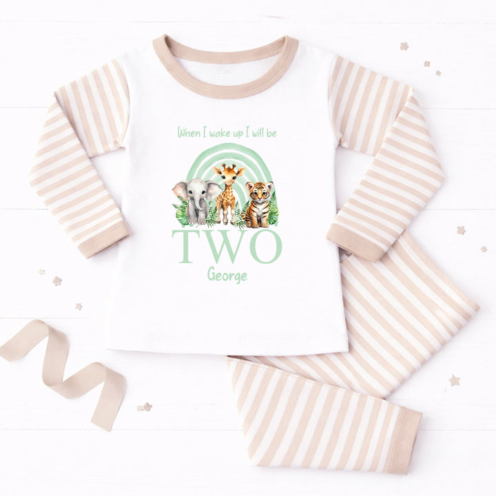 Personalised Sage Green Jungle Rainbow Second Birthday Pyjamas