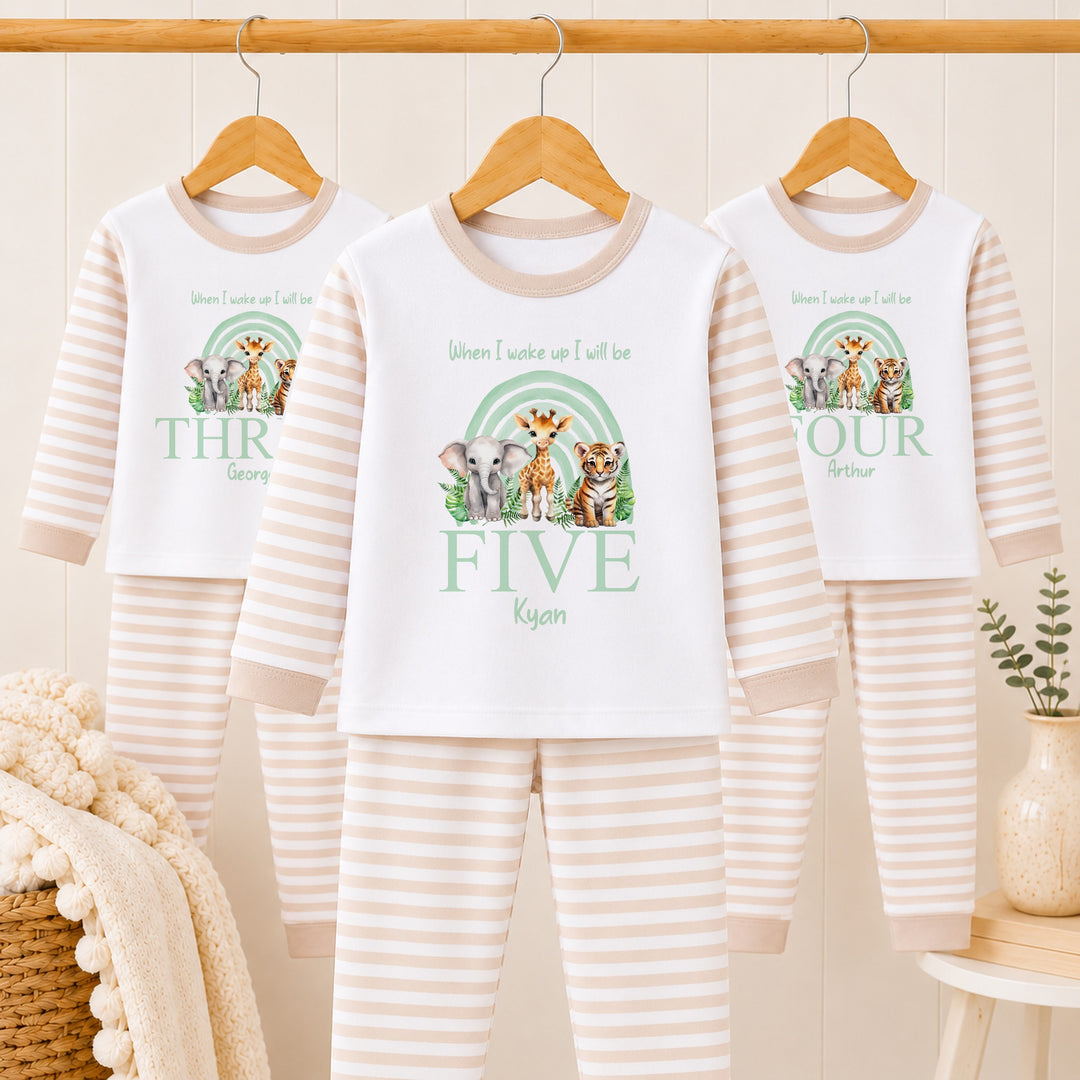 Personalised Sage Green Jungle Rainbow Any Age Birthday Pyjamas