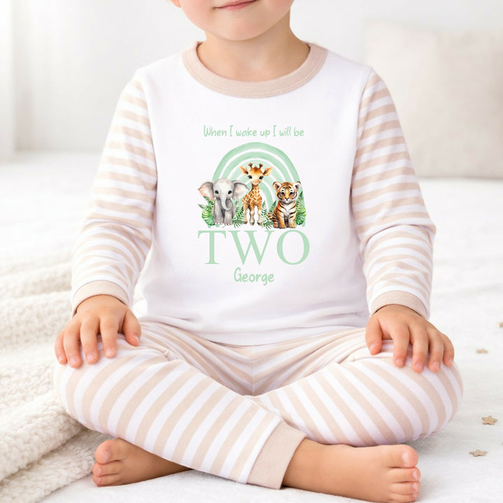 Personalised Sage Green Jungle Rainbow Second Birthday Pyjamas