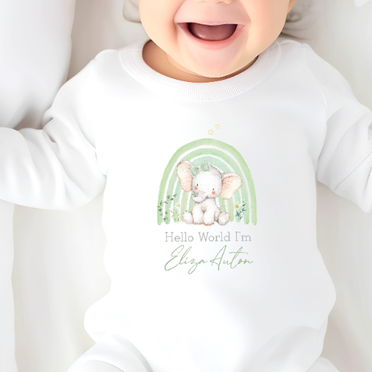 Personalised Green Rainbow Hello World Babygrow/Vest