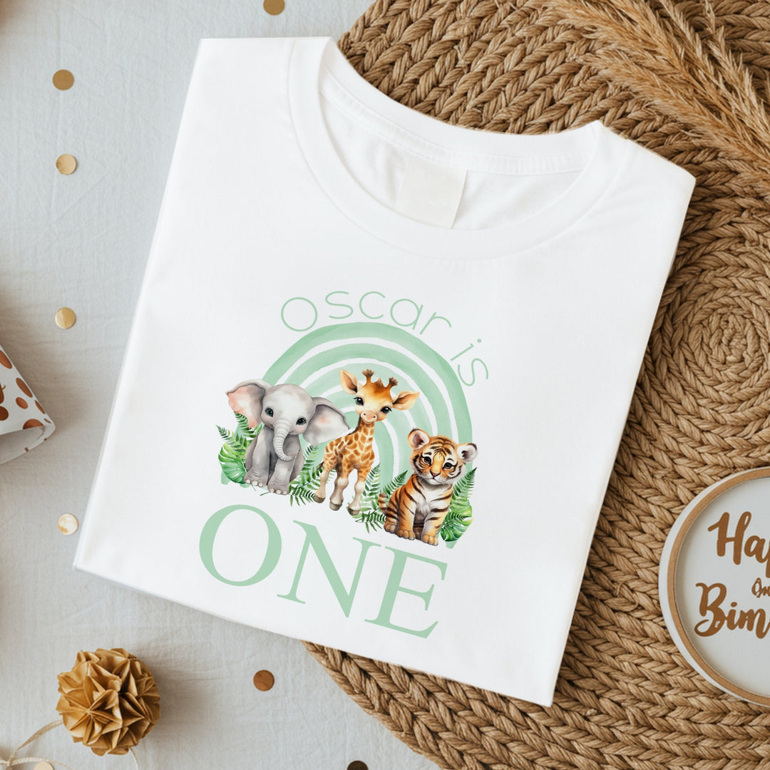Personalised Green Jungle Rainbow Birthday T-shirt