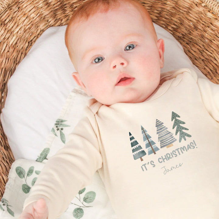 Personalised Green Trees Beige Christmas Babygrow