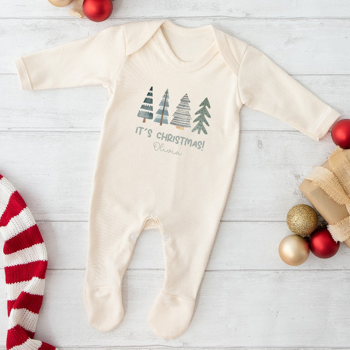 Personalised Green Trees Beige Christmas Babygrow