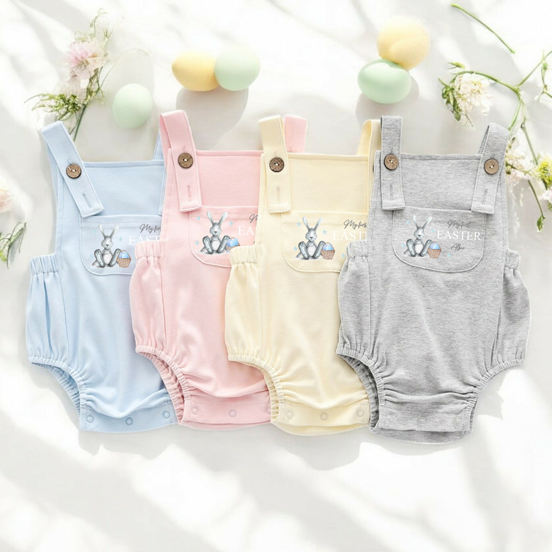 Personalised Grey Blue Bunny Happy Easter Dungarees