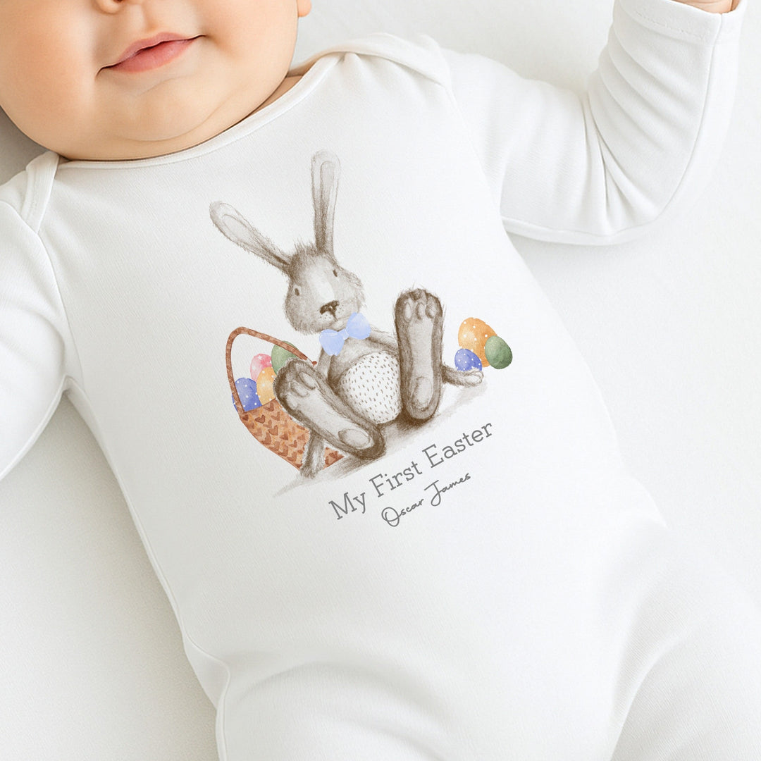 Personalised Grey Bunny First Easter Baby Grow, Vest or Bib