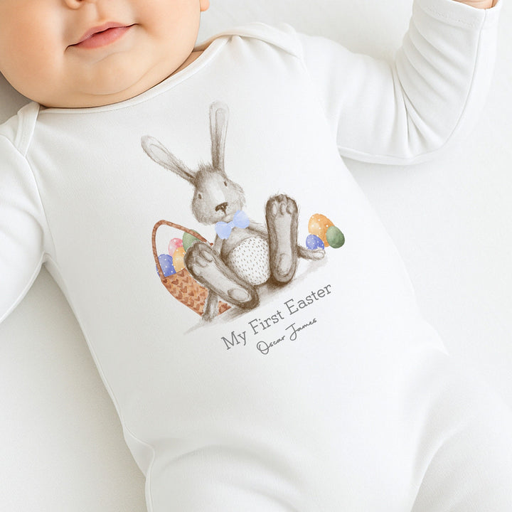 Personalised Grey Bunny First Easter Baby Grow, Vest or Bib